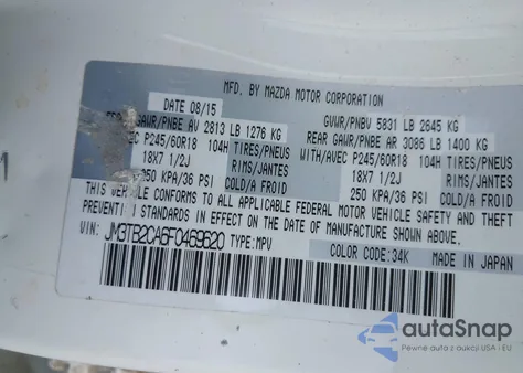 2015 Mazda Cx-9 Touring из США, поврежденный, VIN JM3TB2CA6F0469620